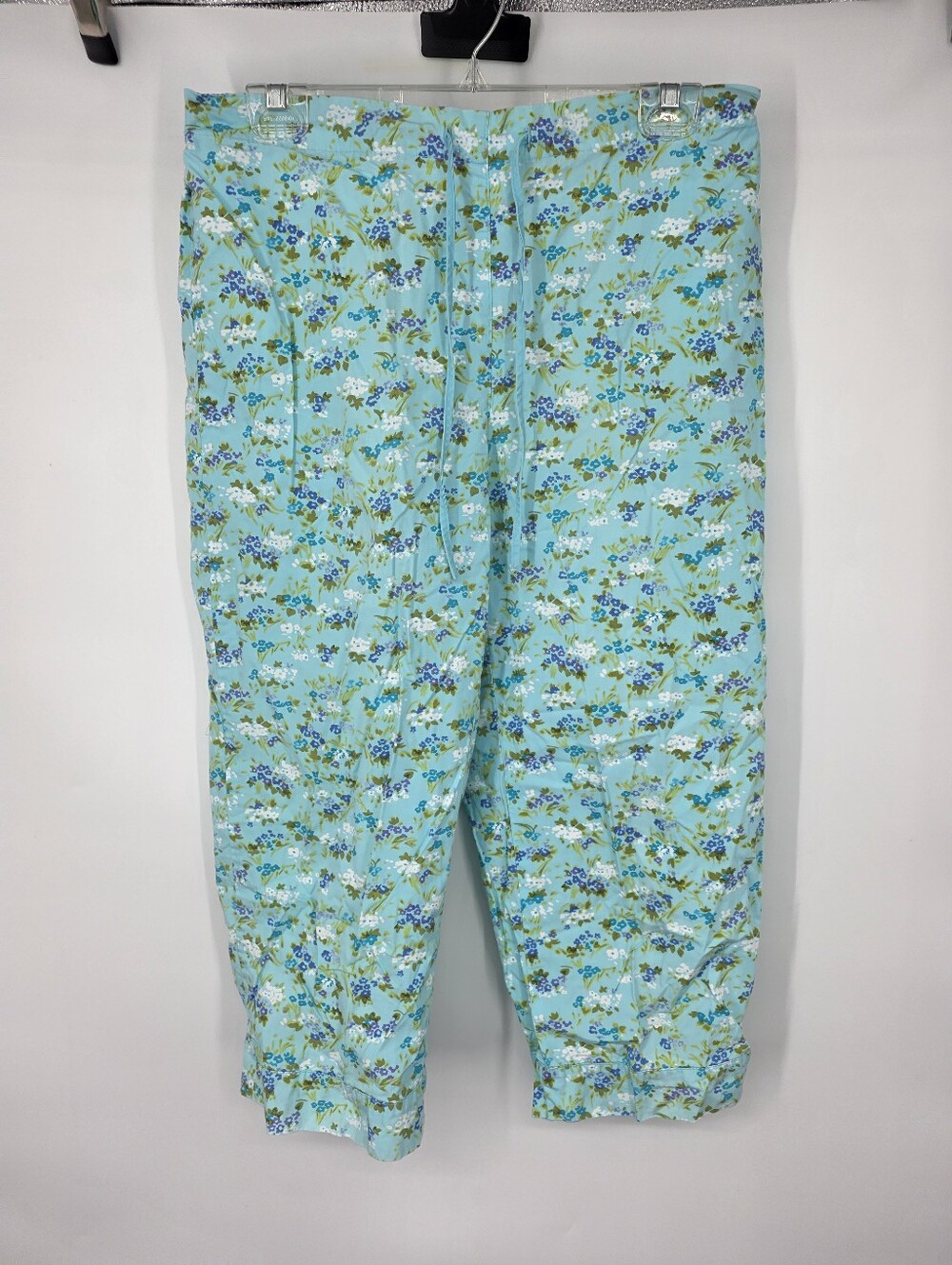 Liz Claiborne Lizsport Floral Crop Pants Size 10 Blue Green Cotton Drawstring